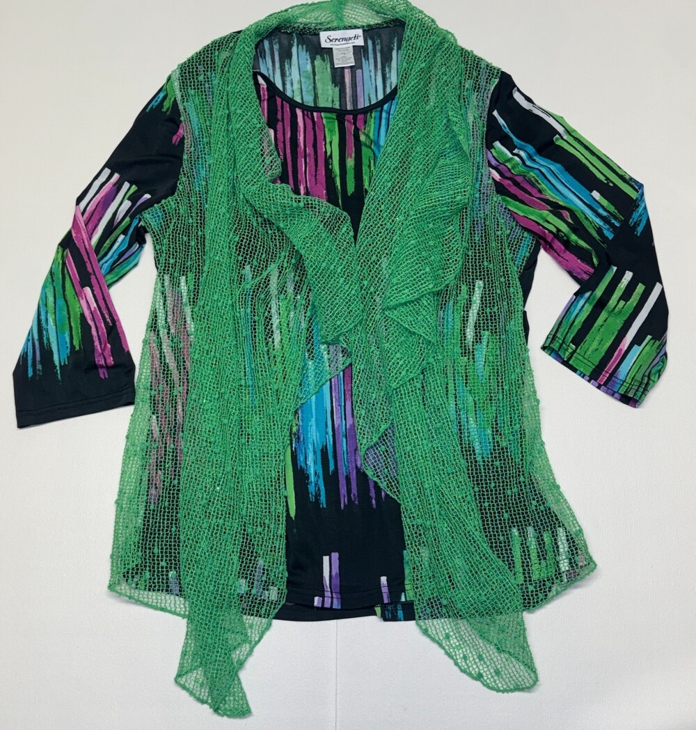 Serengeti XL Womens Tunic Top Green Mesh Overlay Colorful Print 3/4 Sleeve